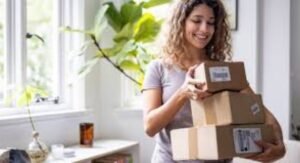 Happy customer receiving an online shopping delivery